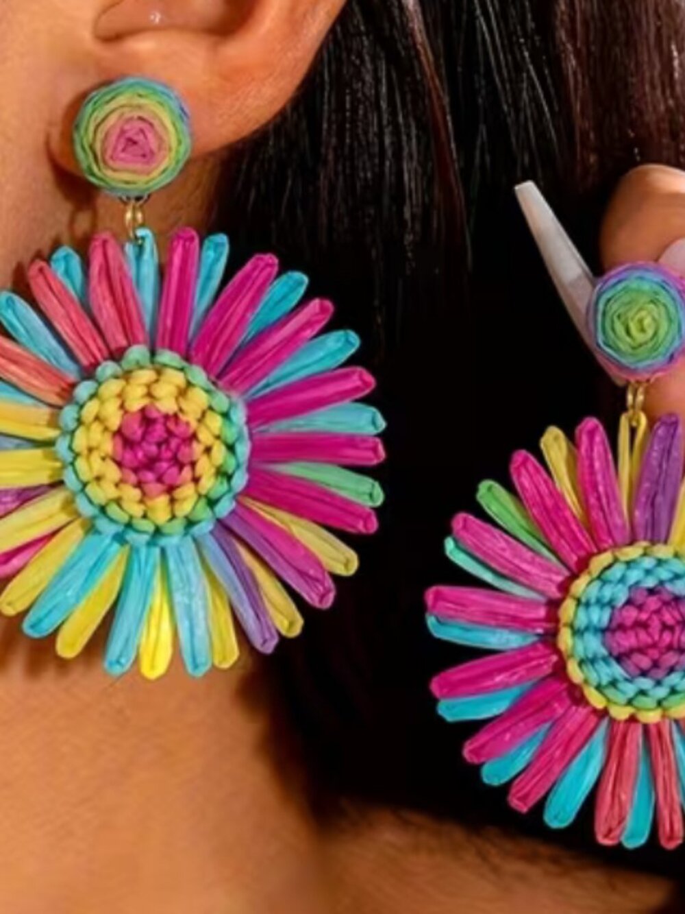 BOHEMIAN RAFFIA STARBURST FLOWER SHAPED EARRING- POST BACK